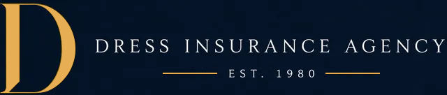 Dress Insurance Agency logo with gold monogram and text on a dark blue background, est. 1980