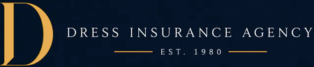 Dress Insurance Agency logo with gold monogram and text on a dark blue background, est. 1980