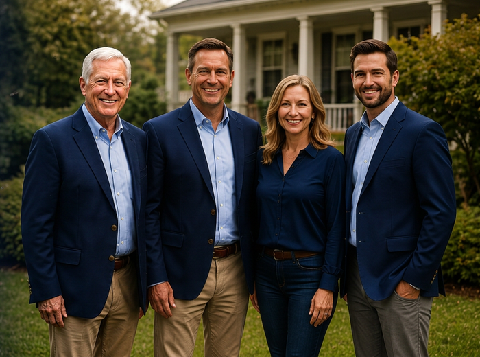 Four people in navy blazers standing together outside a house, smiling at the camera.