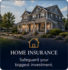 Two-story house at sunset with “Home Insurance” and “Safeguard your biggest investment” text