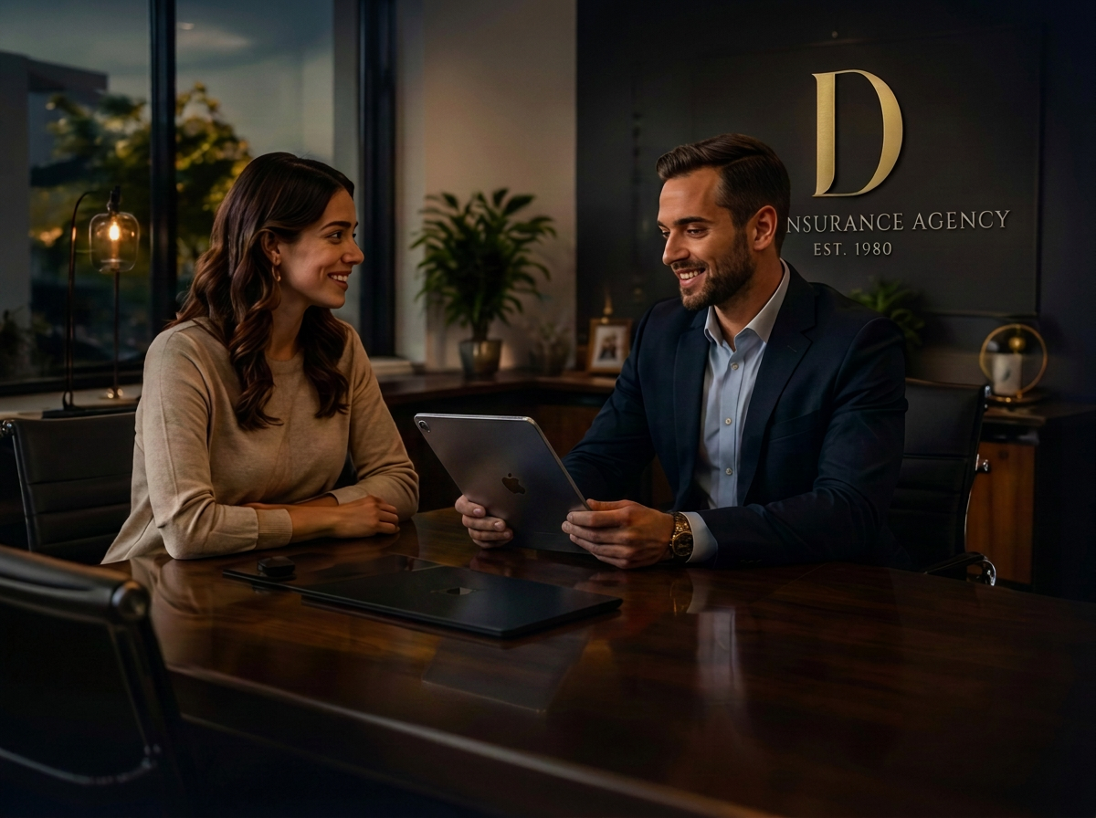 Two people meeting at a conference table in a modern office, smiling and using a laptop.
