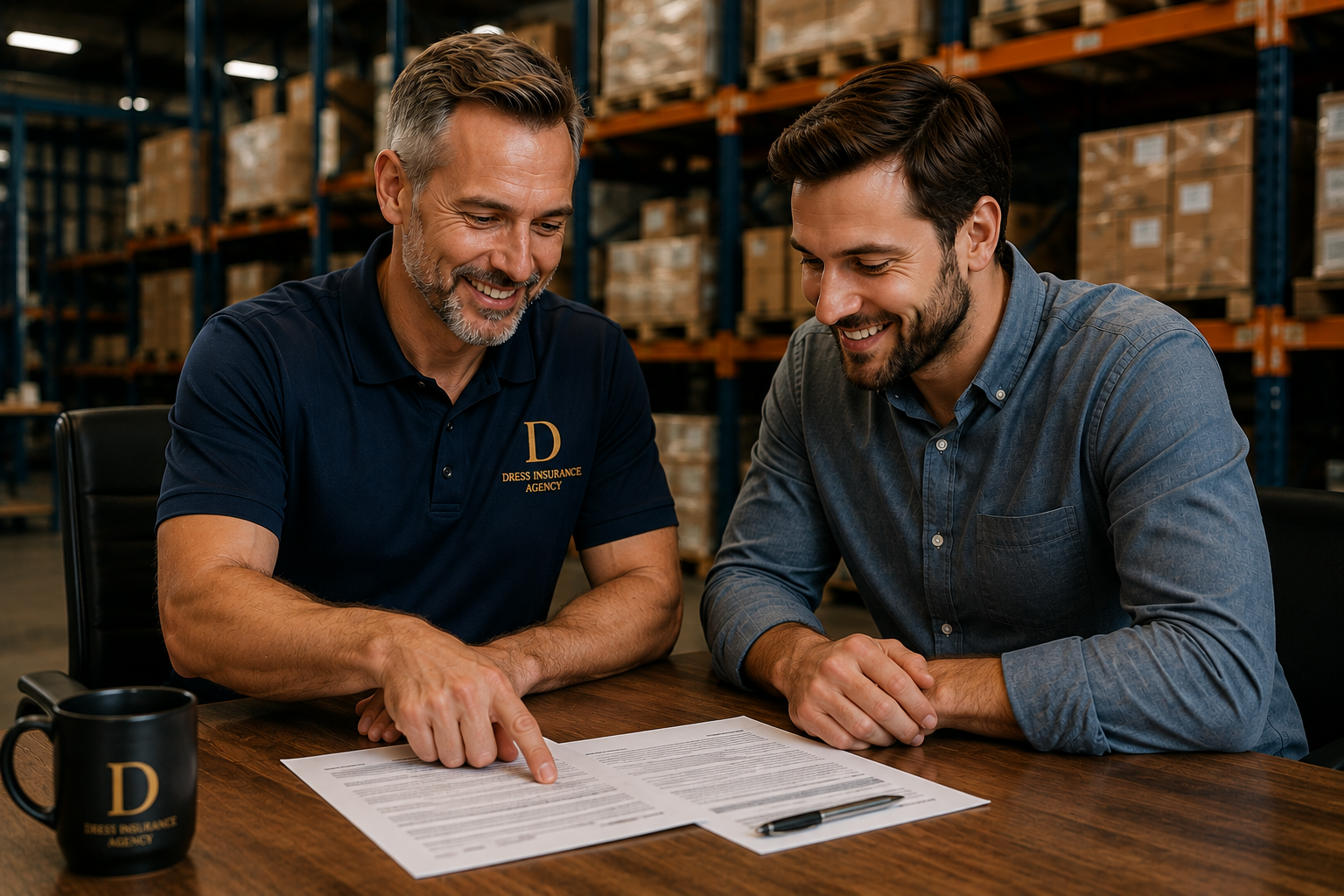Two men reviewing documents at a wooden table in a warehouse, smiling and discussing paperwork.