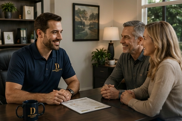Three people meet at a table with a smiling advisor, reviewing paperwork in a warm office.