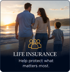 Family walking on a beach at sunset with “Life Insurance” and “Help protect what matters most.”