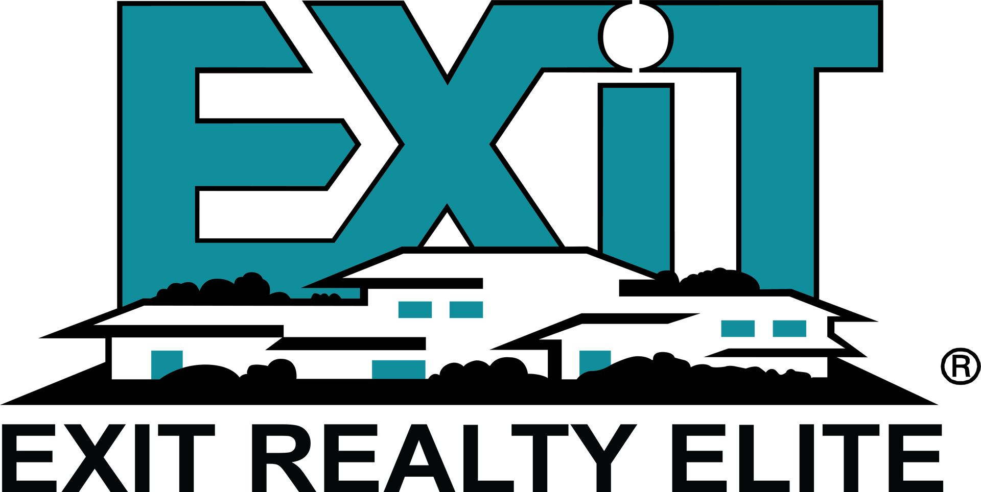 EXIT Realty Elite logo with teal and black text over a stylized house roof graphic