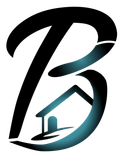 Stylized black and teal letter B logo with a house roof and chimney incorporated into the design