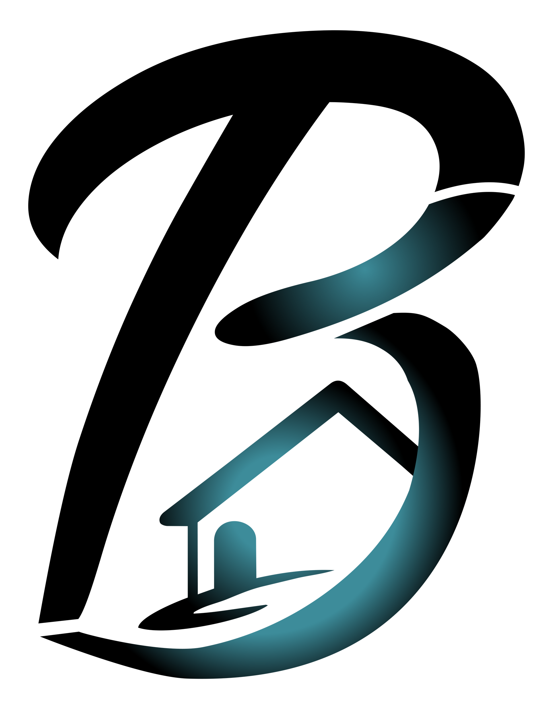 Stylized black and teal letter B logo with a house roof and chimney incorporated into the design