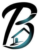 Stylized black and teal letter B logo with a house roof and chimney incorporated into the design