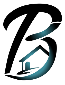 Stylized black and teal letter B logo with a house roof and chimney incorporated into the design