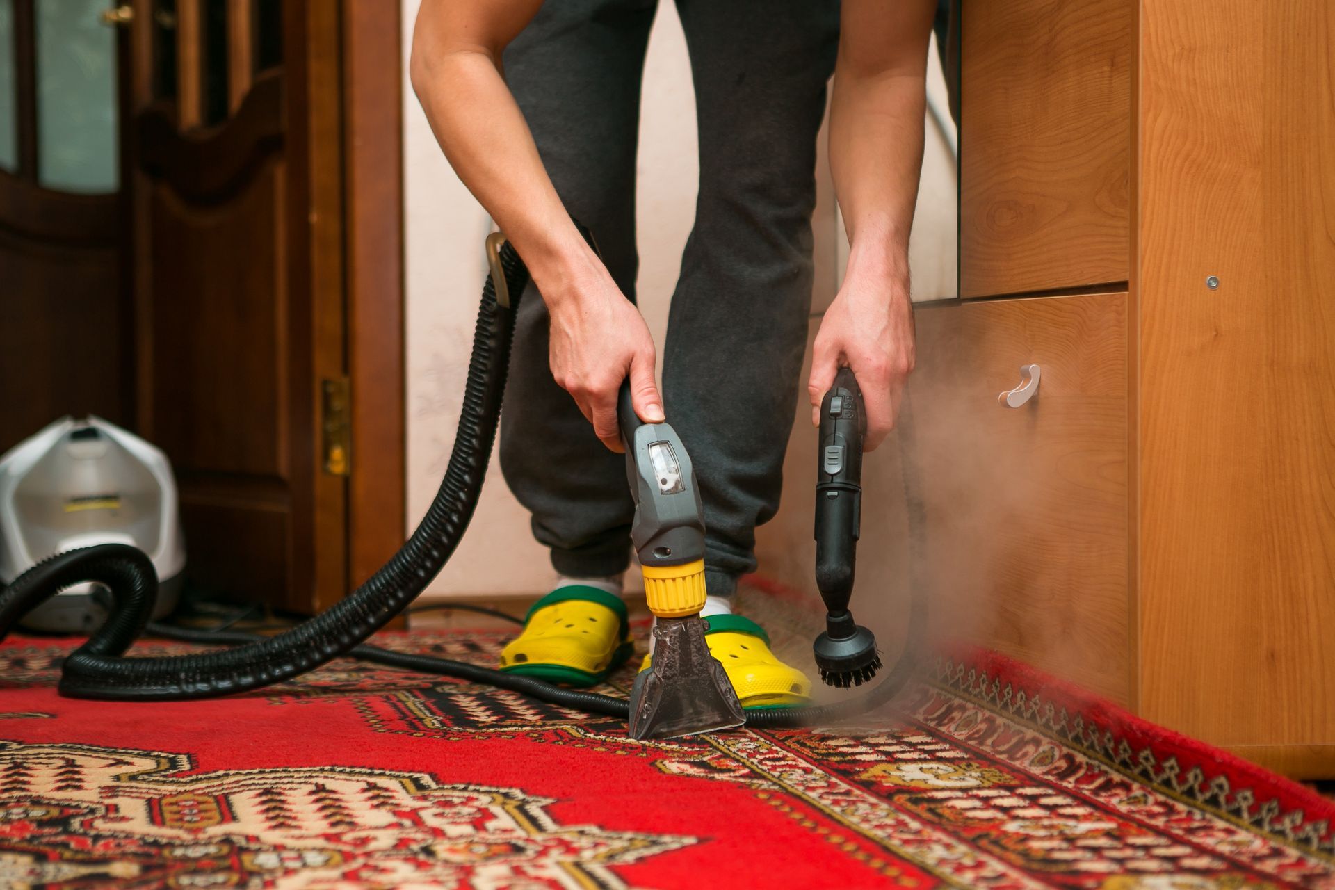Vacuuming a patterned rug with a handheld hose in a wooden-floored room