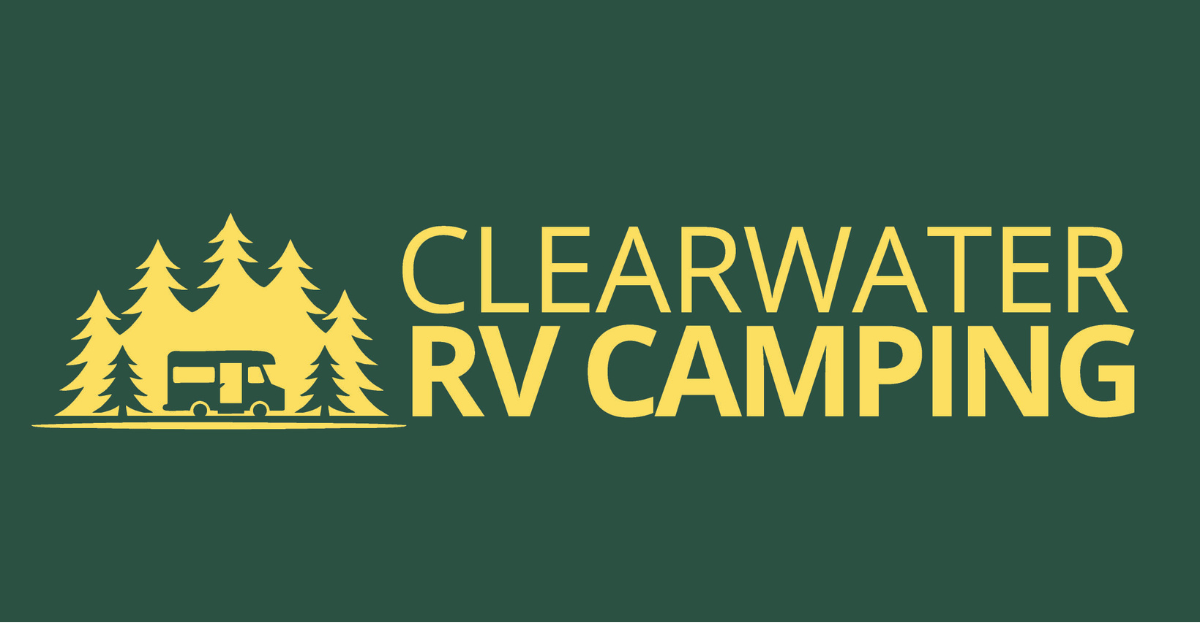 Clearwater RV Camping logo with yellow text, pine trees, and an RV on a green background