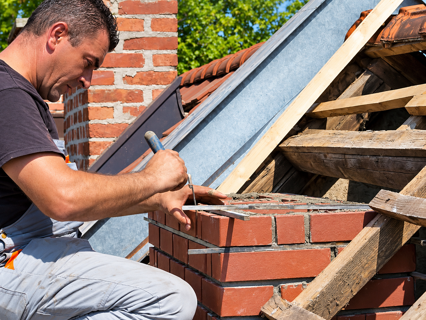 Worker building a brick chimney on a rooftop with mortar and trowel