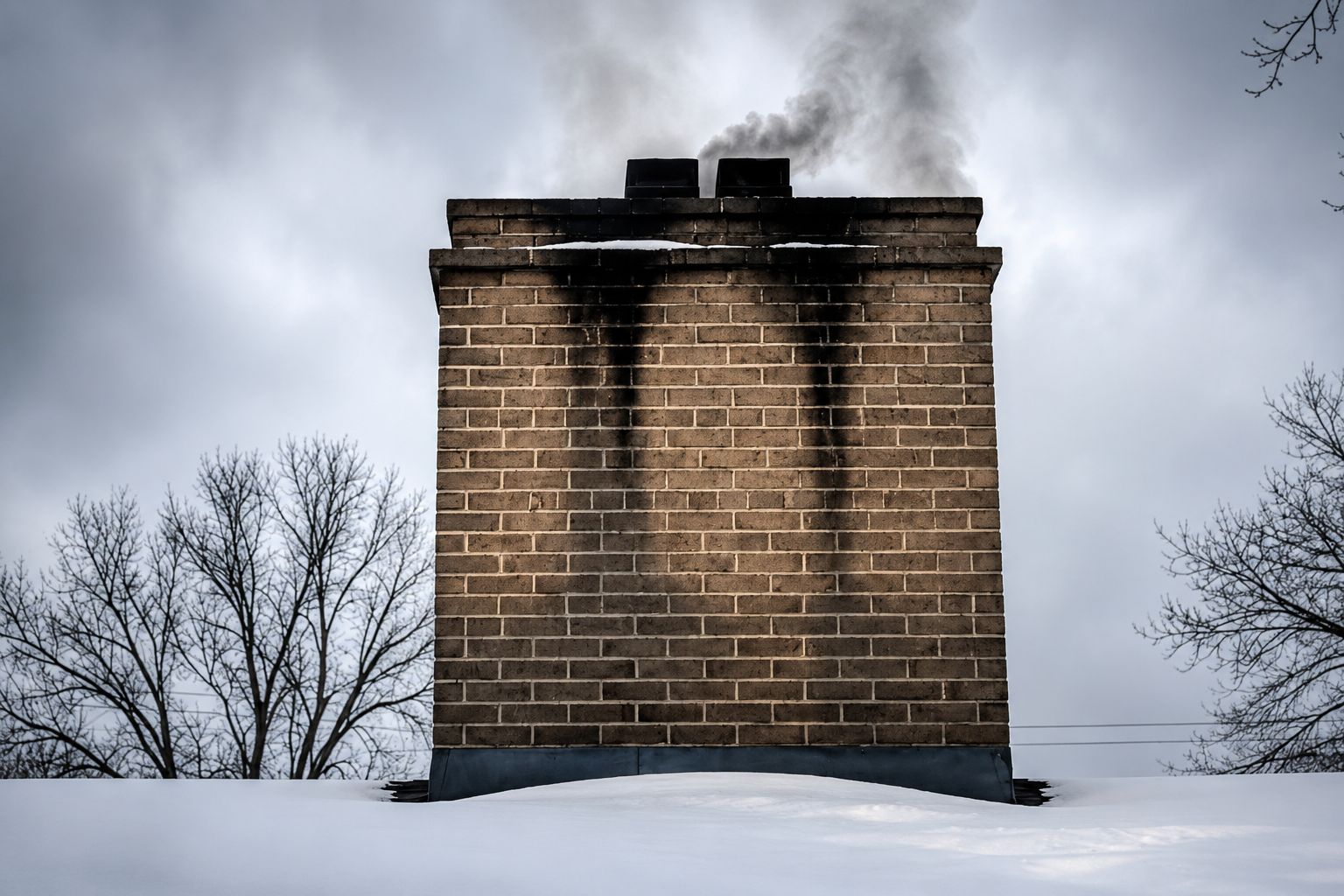 Brick chimney against a snowy landscape with bare trees and a cloudy sky