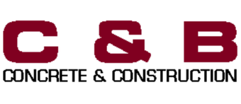 Logo for C & B Concrete & Construction, dark red letters and text on white background.