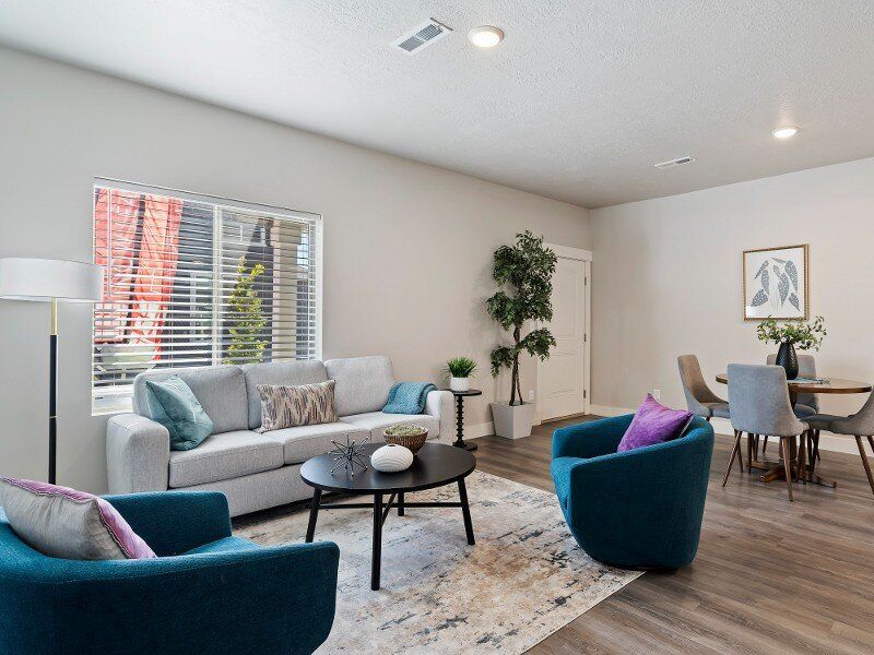 Bright modern living room with gray sofa, teal chairs, coffee table, plant, and dining area