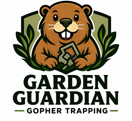 Cartoon beaver logo holding a trap, with “Garden Guardian Gopher Trapping” text
