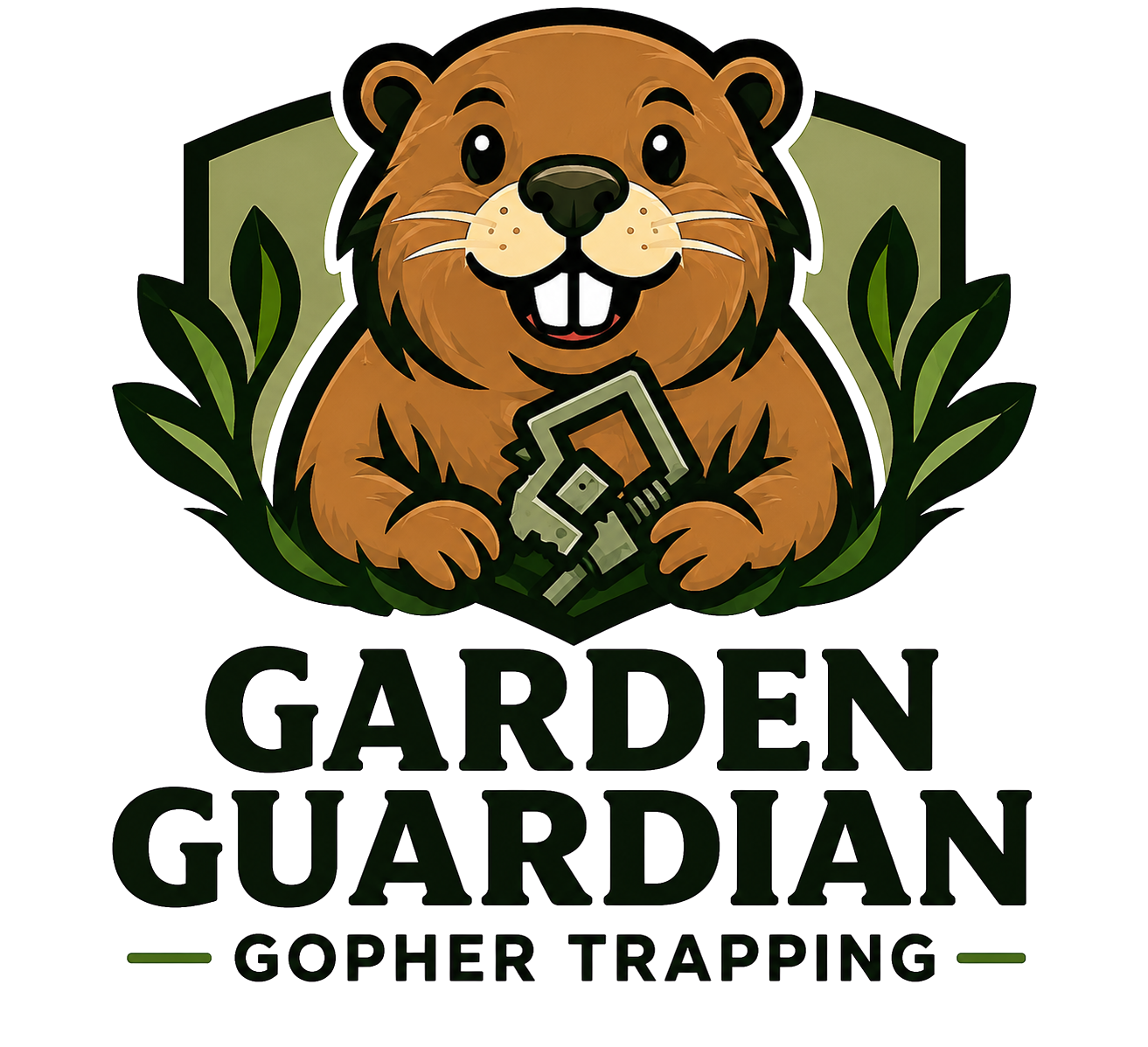 Garden Guardian logo with a brown gopher holding a trap and green leaves, labeled &ldquo;Gopher Trapping&rdquo;