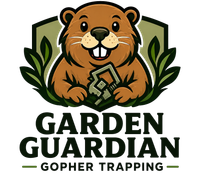 Garden Guardian logo with a brown gopher holding a trap and green leaves, labeled “Gopher Trapping”