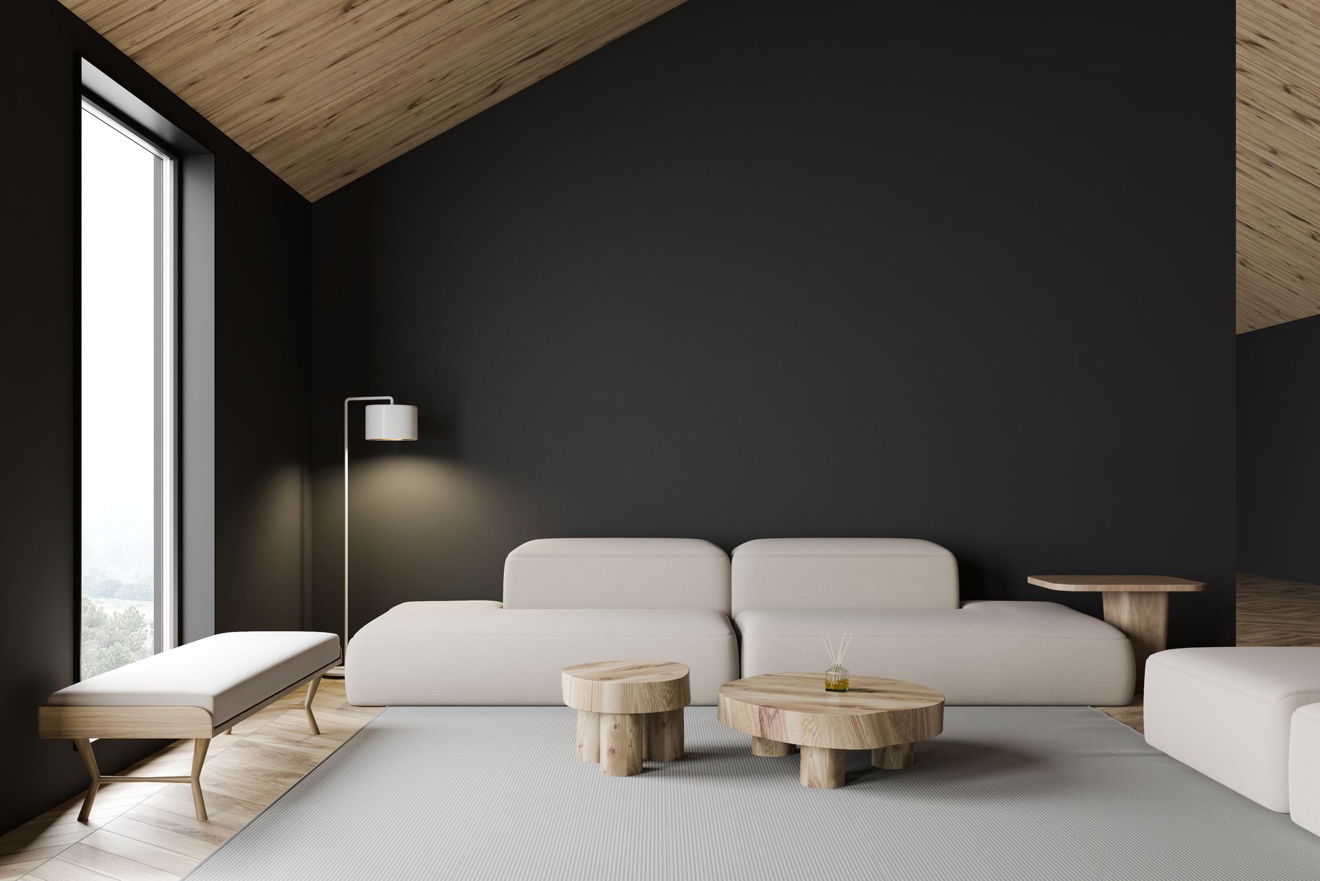 Modern living room with black wall, cream sofa, wooden tables, and large window.