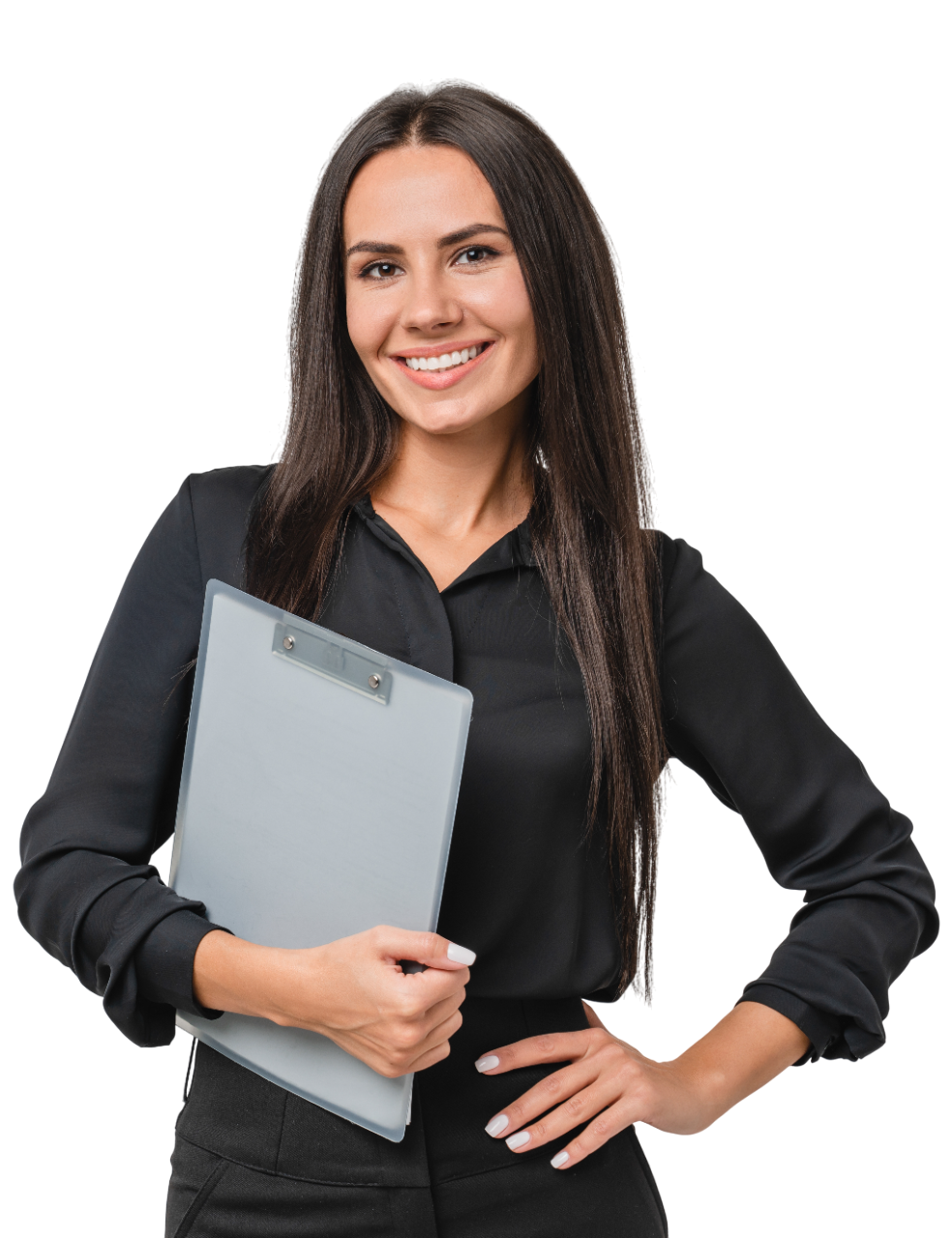 A woman in a black shirt is holding a clipboard and smiling.