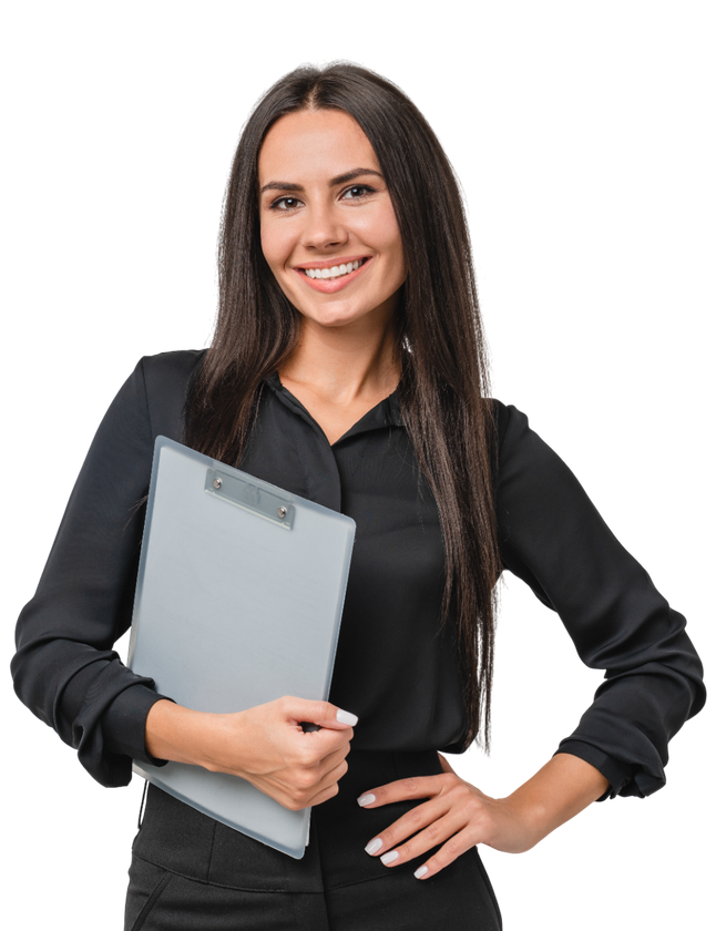 A woman in a black shirt is holding a clipboard and smiling.