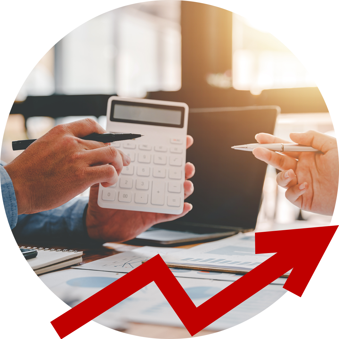 A man is holding a calculator and a woman is holding a pen.