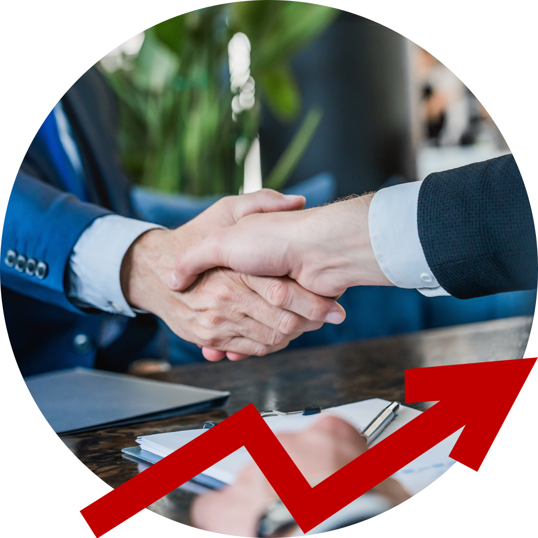 Two men shaking hands in a circle with an arrow pointing up