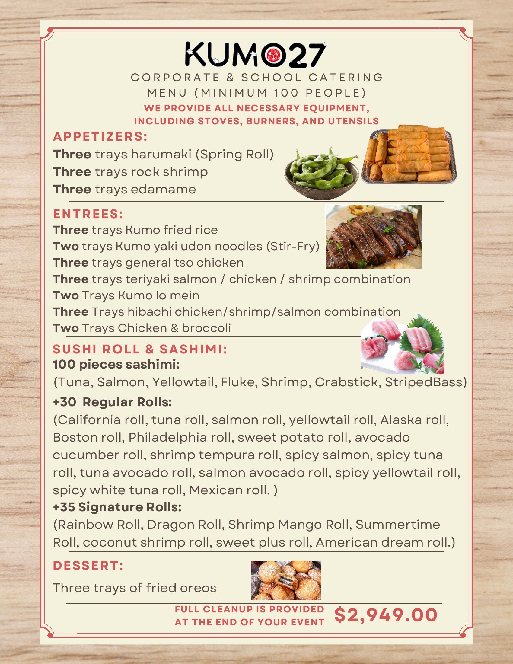 Restaurant menu flyer with food photos and red text, priced at ₱2,949.00