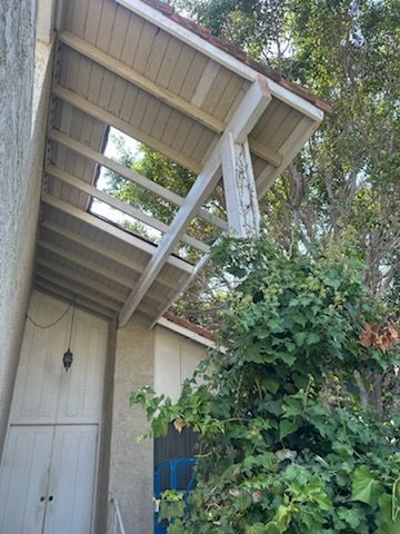 Entryway with overhanging wooden canopy, supported by a diagonal beam; vines on the right.