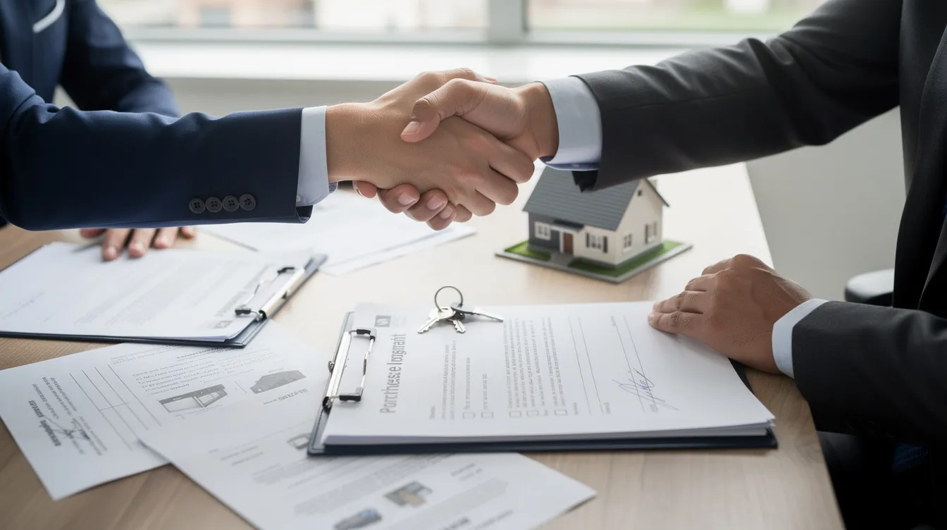 The image depicts two individuals shaking hands across a desk filled with real estate documents, symbolizing a successful negotiation in the home selling process. This moment highlights the collaboration between a real estate agent and potential buyers, emphasizing the importance of a competitive cash offer in today's housing market.