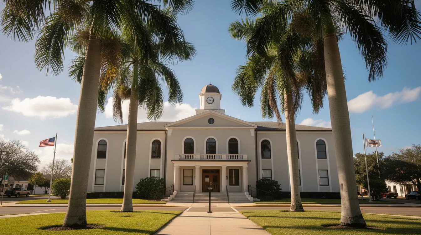 The image depicts a Florida county courthouse surrounded by lush palm trees in the foreground, symbolizing the legal backdrop of the foreclosure process in the state. This setting highlights the importance of understanding judicial foreclosure proceedings for Florida homeowners facing financial challenges.