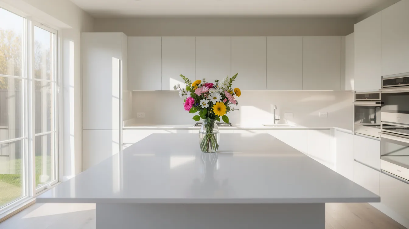 The image depicts a bright, spotless kitchen featuring white countertops and abundant natural light streaming through the windows, complemented by a vase of fresh flowers on the counter, creating an inviting atmosphere that is ideal for attracting potential buyers during open houses. This well-staged space exemplifies how to get a house ready to sell by enhancing the home's curb appeal and making a positive impression.