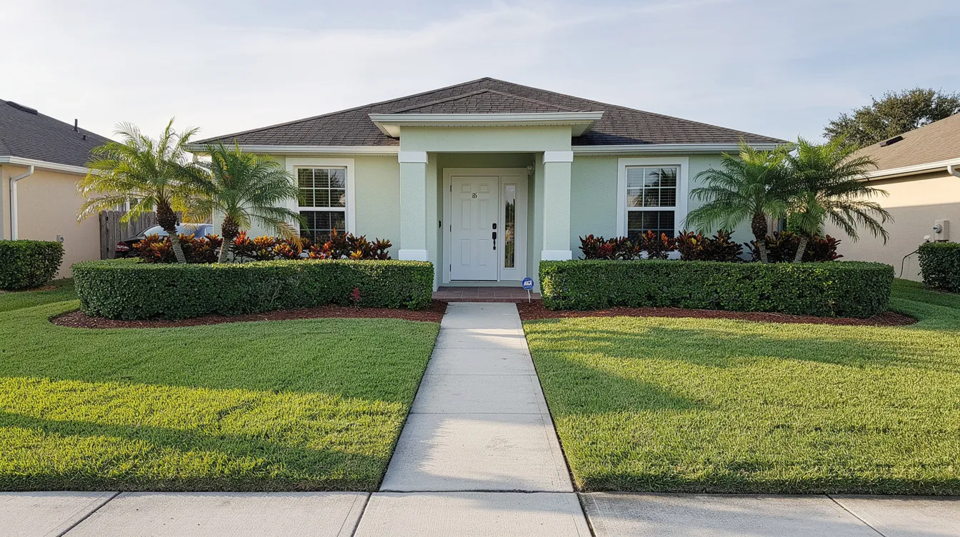 The image depicts a neatly maintained Florida yard featuring trimmed hedges and a clear walkway leading up to the entrance of a house. This inviting curb appeal may attract potential buyers interested in an as is sale, showcasing the property's condition without the need for major repairs.