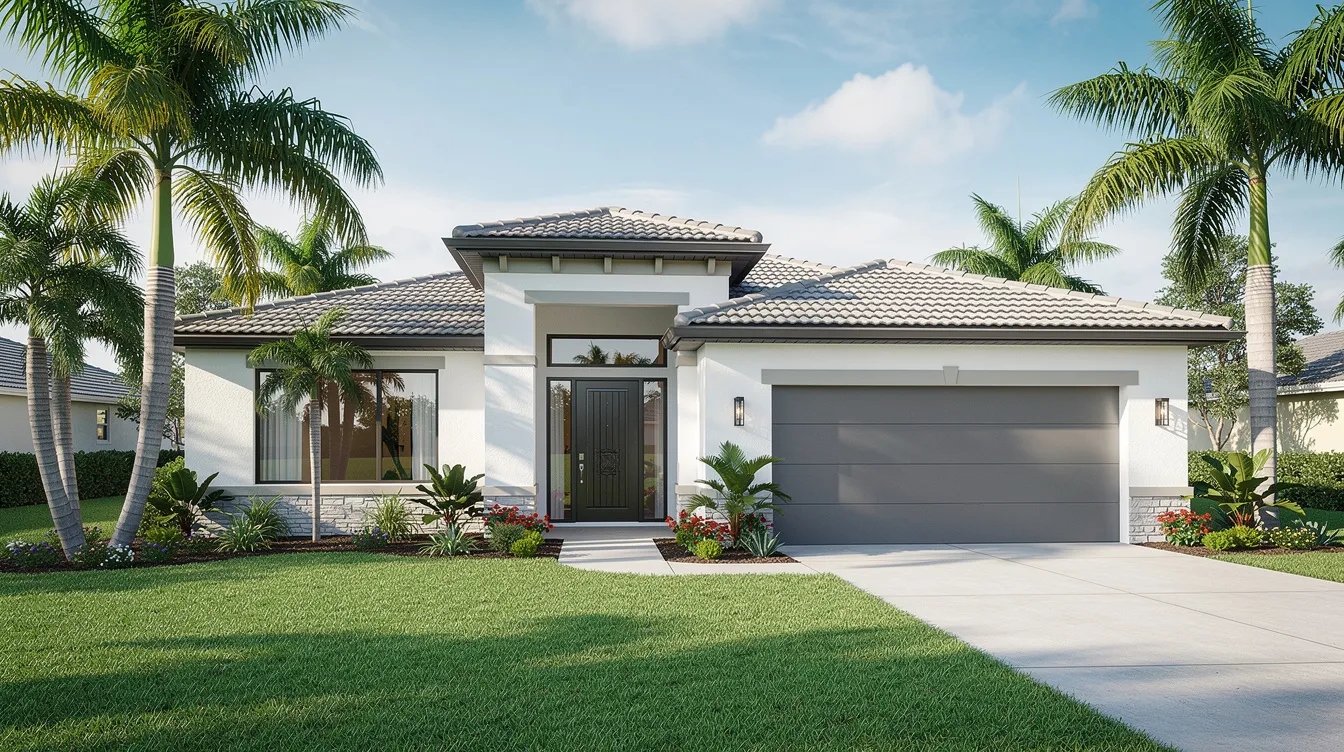 A modern Florida single-family home is depicted, surrounded by lush palm trees and featuring a well-maintained lawn, showcasing its curb appeal. This inviting property is perfect for potential buyers looking to sell their house fast in a competitive housing market.