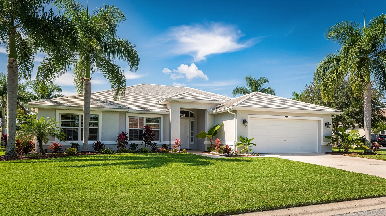 Single-story white suburban house with a two-car garage, palm trees, and a lush green lawn under a blue sky