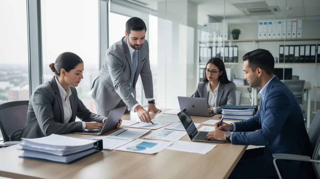 A professional team of real estate agents is gathered around a desk in an office, reviewing important documents related to the home selling process. They are discussing strategies to attract potential buyers and ensure a successful sale in the current housing market.