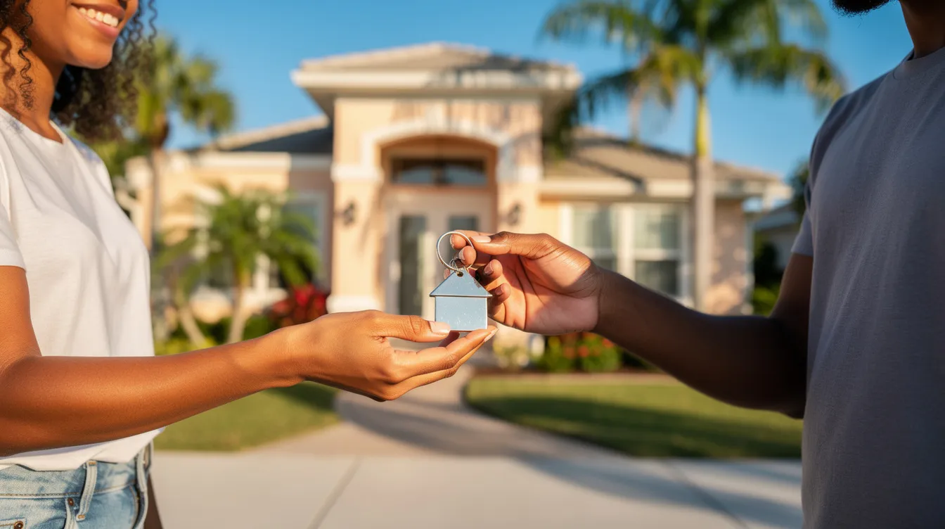 An image depicts a person handing a set of house keys to another individual in front of a charming Florida-style home, symbolizing a successful real estate transaction. This moment reflects the culmination of the foreclosure process or a traditional home sale, highlighting the importance of navigating legal proceedings and financial decisions in the journey of homeownership.