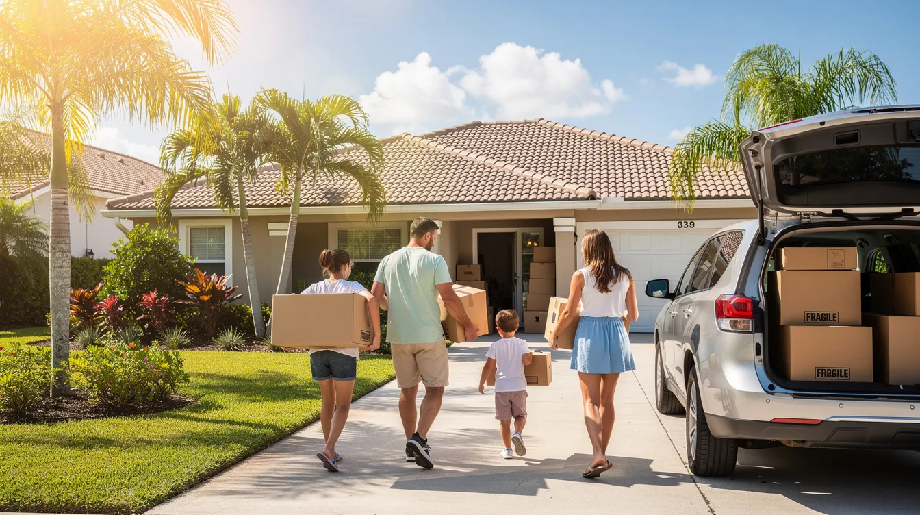 A family is seen walking away from a riverside house under the bright sun, carrying moving boxes towards their car, symbolizing a hassle-free sale as they prepare for their next chapter. This scene reflects the journey of homeowners looking to sell quickly, perhaps to cash buyers, while avoiding the burdens of traditional listings and costly repairs.