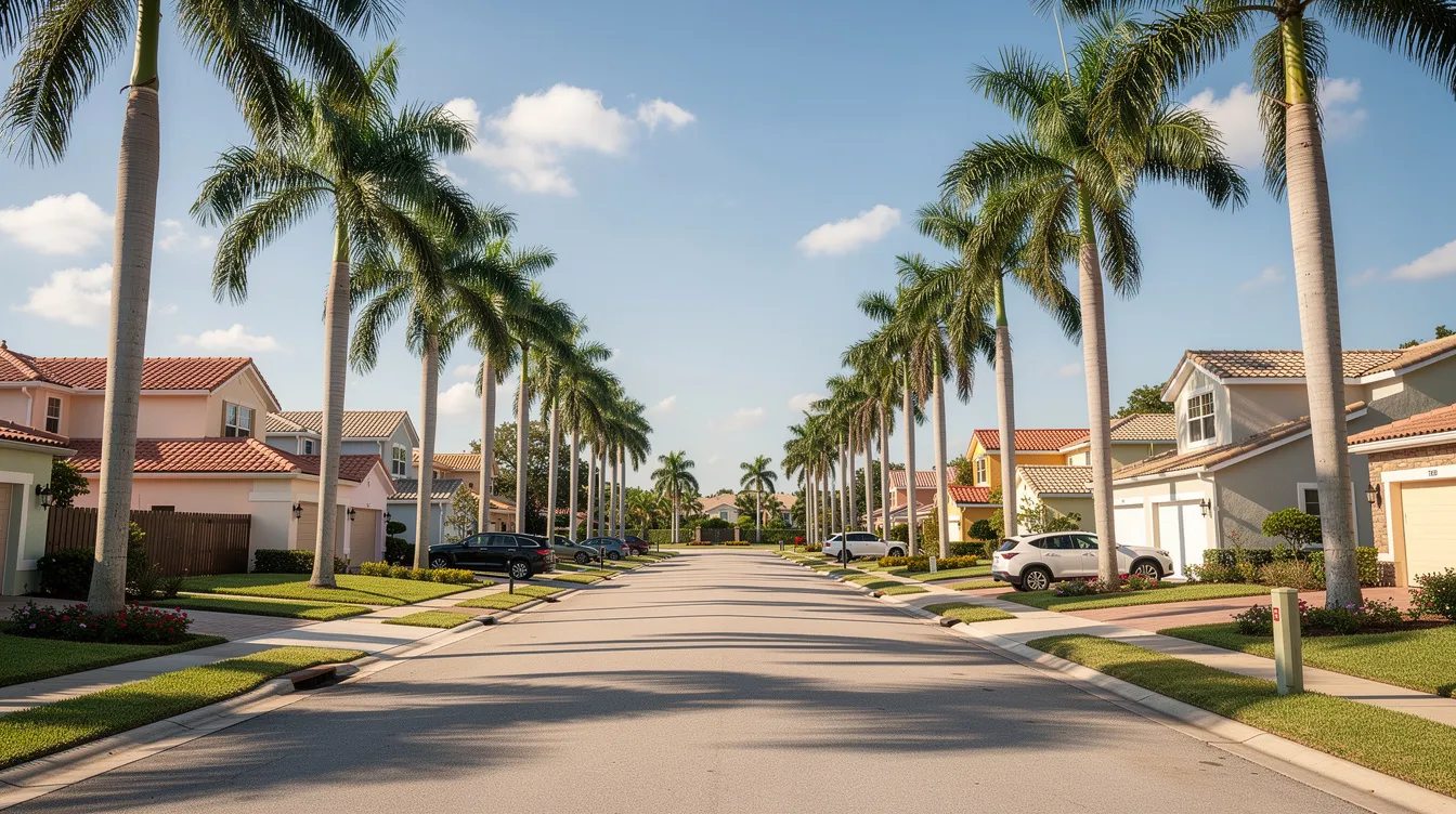 The image depicts a tranquil residential street in a Florida neighborhood, lined with palm trees and single-family homes, reflecting a peaceful suburban atmosphere. This setting is representative of areas where homeowners may navigate the complexities of the foreclosure process, including dealing with mortgage payments and potential foreclosure proceedings.