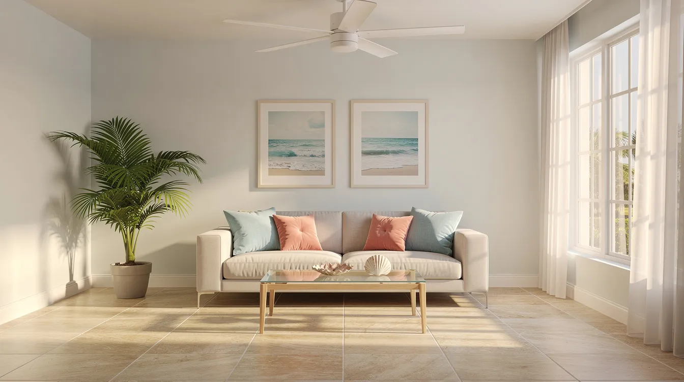 Bright living room with white sofa, pastel pillows, potted plant, and large windows letting in sunlight