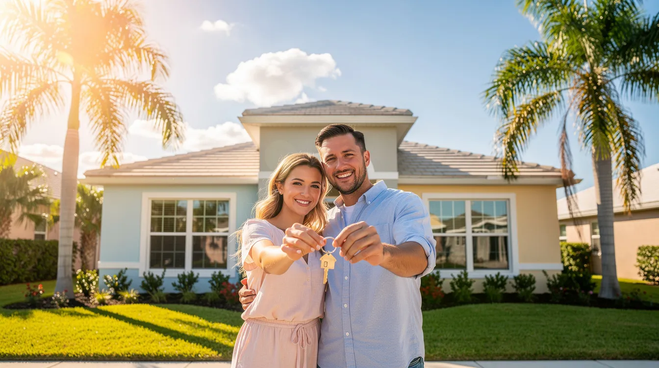 A happy couple stands in front of their new Florida home, surrounded by palm trees, proudly holding house keys. This moment captures the joy of homeownership, reflecting a successful cash offer process in Spring Hill, where they can sell their house fast without hidden fees or agent commissions.