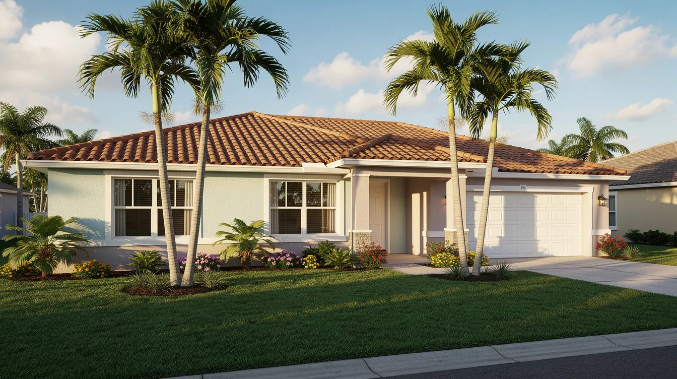The image shows a single-story Florida block home with a tiled roof, surrounded by palm trees in the