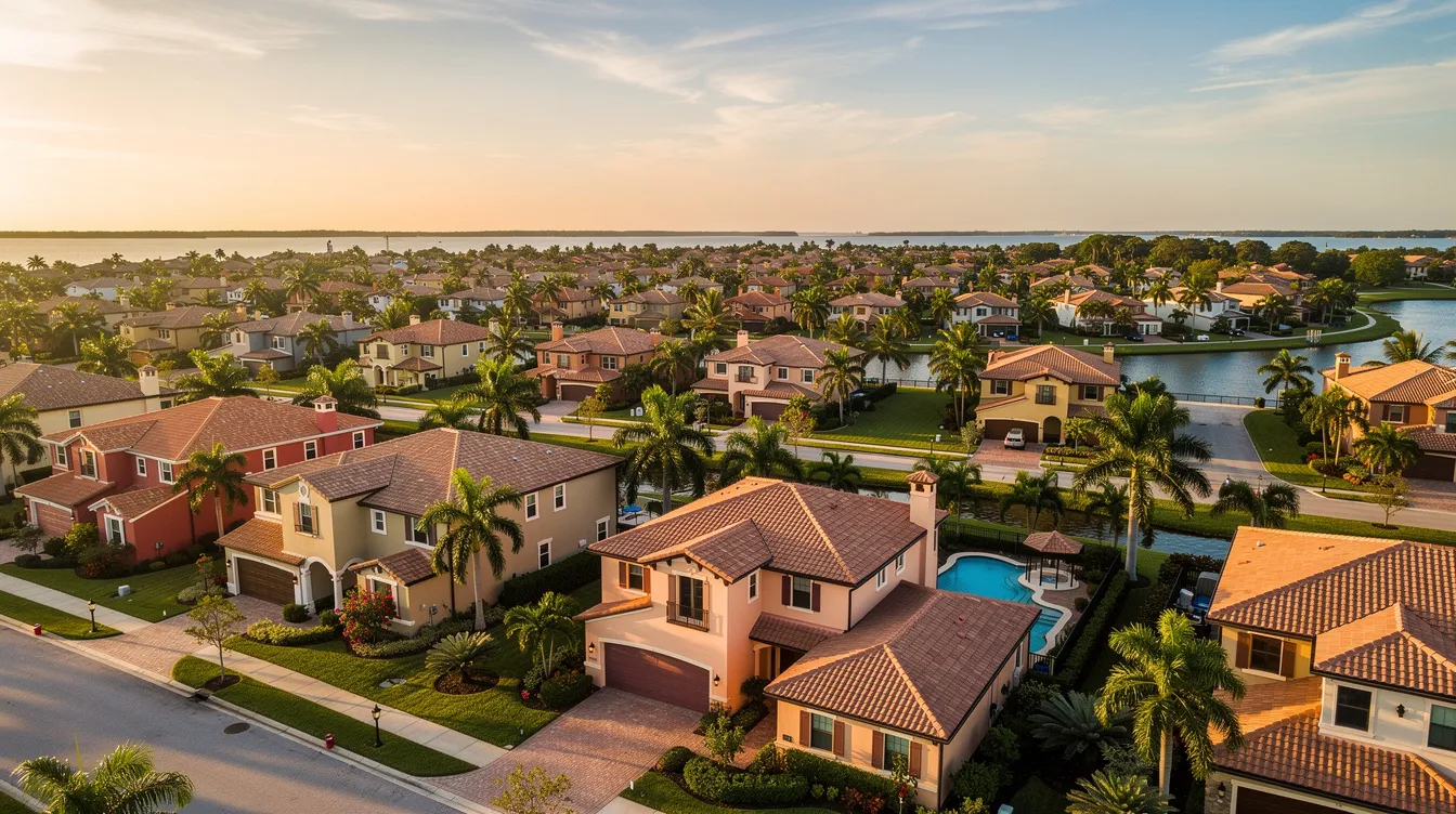 Aerial view of a suburban neighborhood with tiled-roof homes, streets, and a lake at sunset.