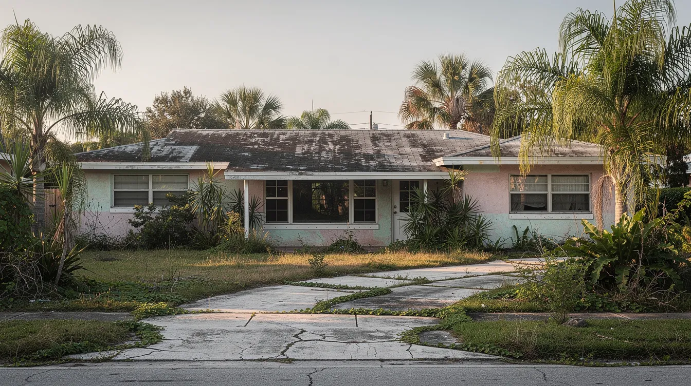 The image depicts an older ranch-style home in Florida, featuring a weathered roof and overgrown landscaping, suggesting it may need significant repairs. This property, located in Spring Hill, could be appealing to cash home buyers looking to buy houses as-is, potentially avoiding traditional real estate agent commissions and closing costs.