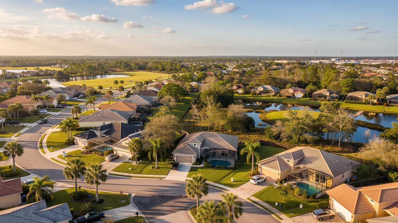 Aerial view of a suburban neighborhood with houses, winding streets, and ponds at sunset.