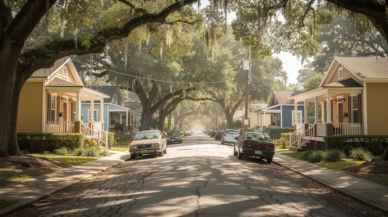 Sunlit residential street with parked cars and pastel houses under large oak trees