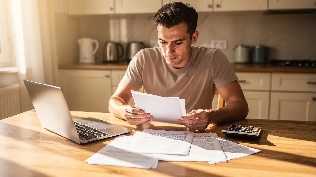 A person is sitting at a kitchen table, reviewing documents with a laptop and calculator, likely assessing the property’s condition for an as is sale. This scene captures the selling process, as they prepare to attract potential buyers and navigate the local market.