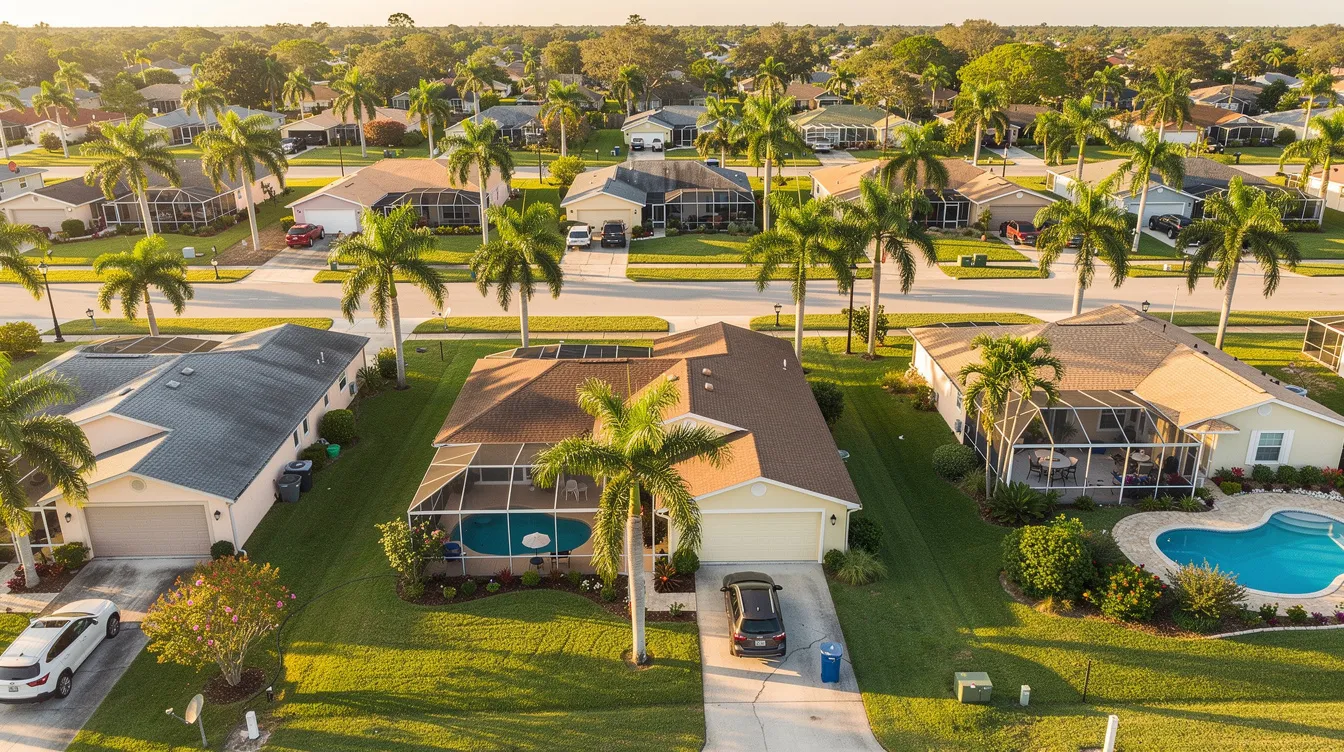 Aerial view of suburban homes with fenced backyards, pools, lawns, and palm trees at sunset