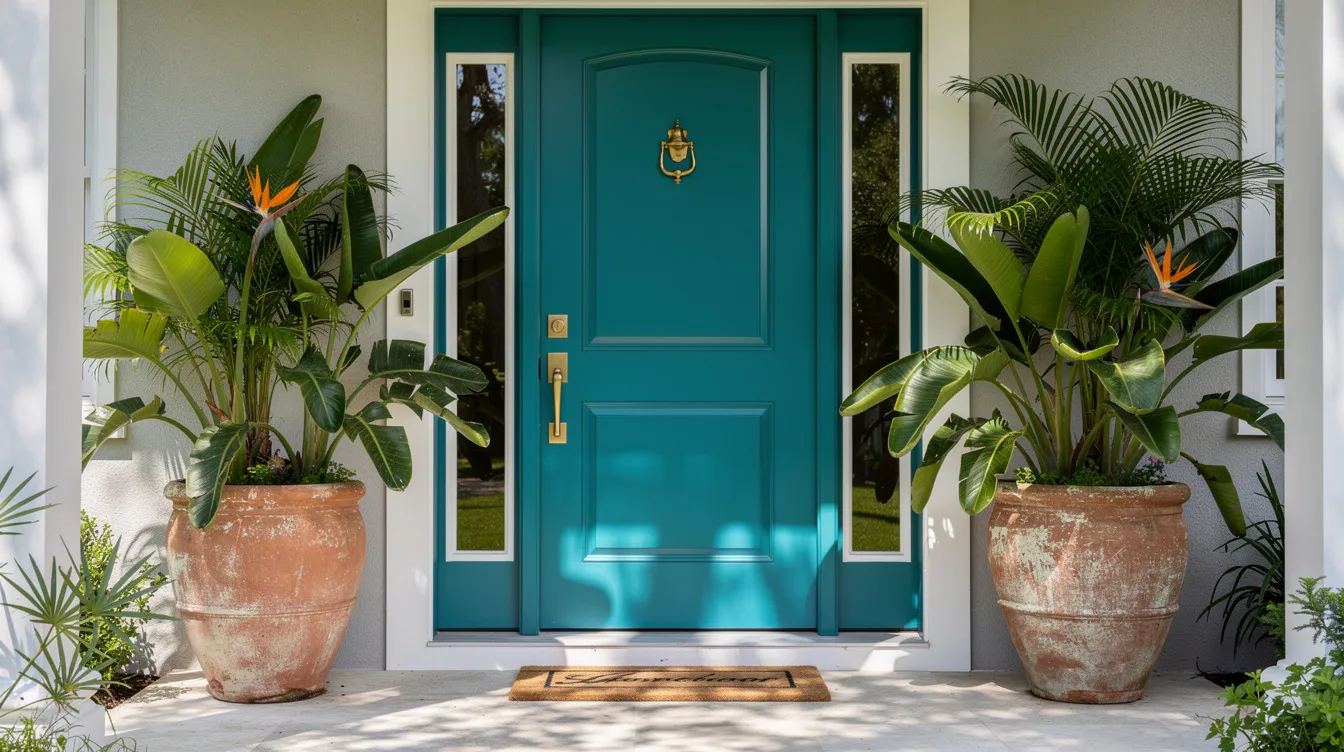 The image features a freshly painted teal front door with elegant brass hardware, surrounded by terracotta pots filled with vibrant tropical plants, all set on a clean and inviting front porch. This setup enhances the home's curb appeal, making it more attractive to potential buyers during the selling process.