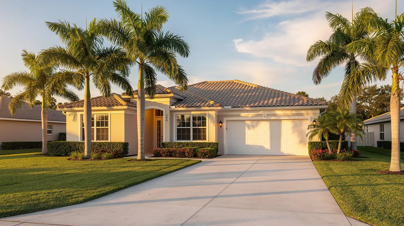 Single-story suburban house with palm trees, a two-car garage, and a long driveway at sunset